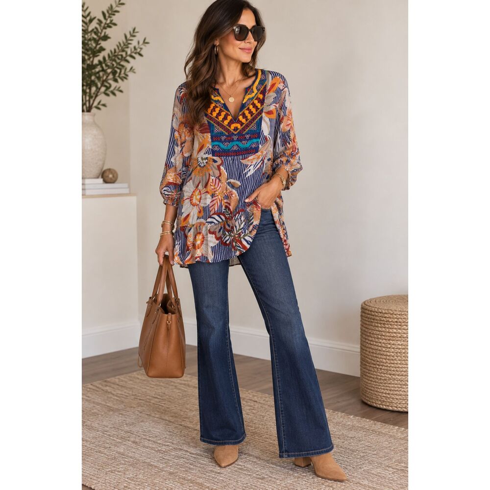 Soft Surroundings Floral Tory Boho Embroidered Blouse Top Flowy Large